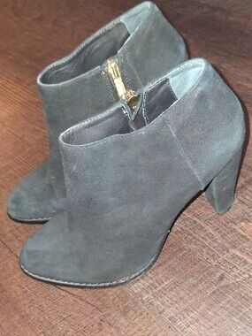 Elizabeth and James Black Suede Ankle Booties with Gold Side Zip
